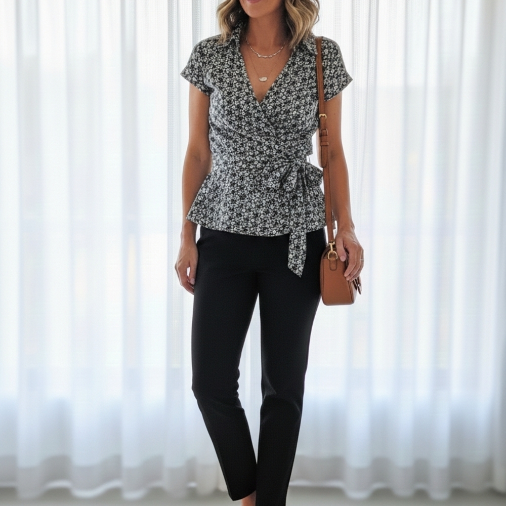 LOFT Monochrome Floral Tie-Waist Blouse